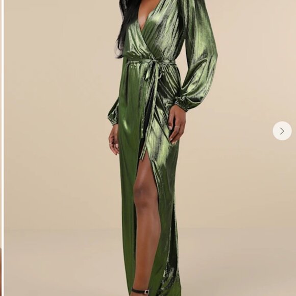 Extra Aesthetic Green Metallic Long Sleeve Surplice Maxi Dress - Size M - nwt - Picture 3 of 5